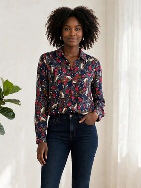 Unbranded Abstract Button Up Blouse Womens S Navy Red Long Sleeve Shirt